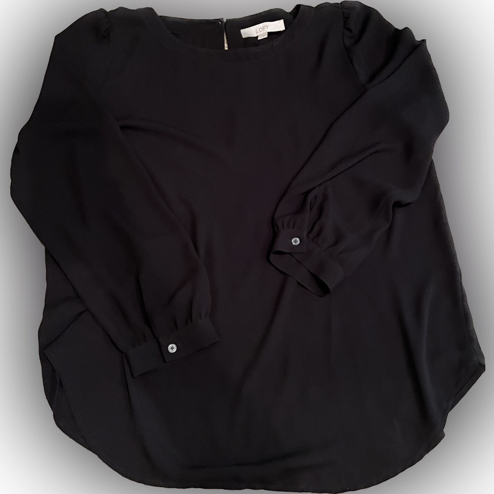 LOFT black long puff sleeve top, size large